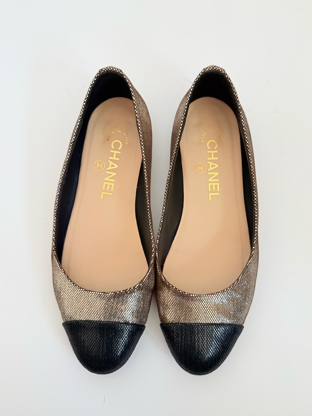 Chanel 2012 Metallic Bronze Rhinestone CC Cap Toe Ballet Flats G28536 37